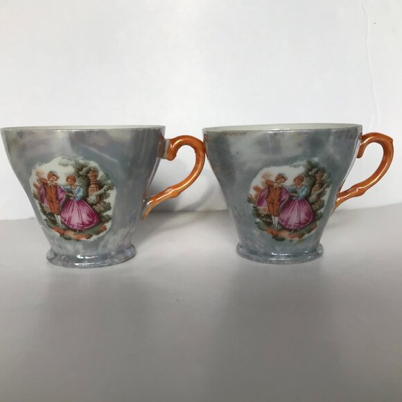 VTG Lusterware Japan Courting Couple Tea Cup Demitasse Set of 2 Hand Paint 2 oz - Picture 1 of 9